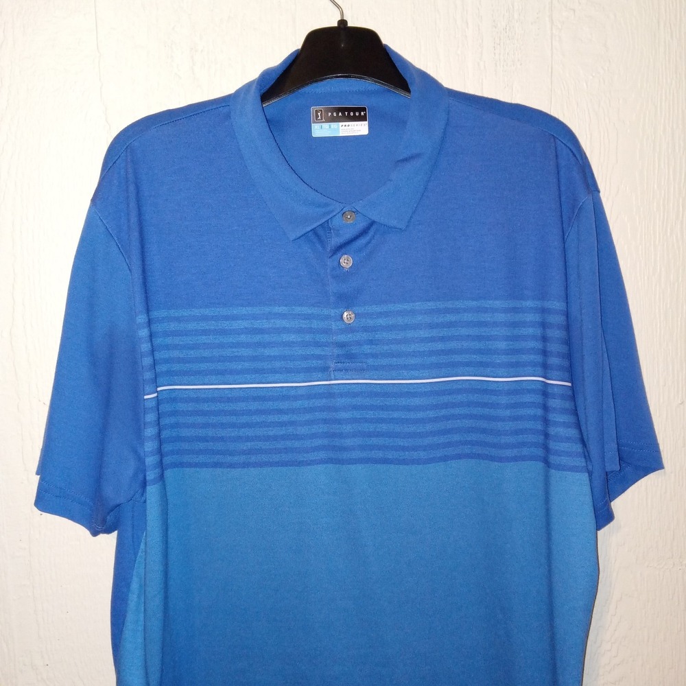 PGA Tour Polo Shirt Mens XL Blue Colorblock Striped Pro Series Short Sleeve